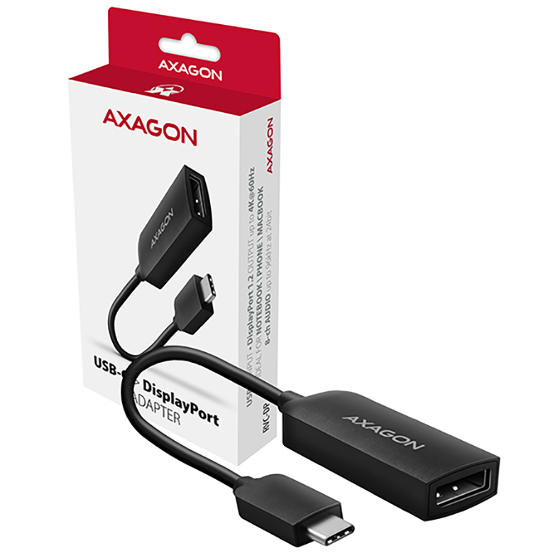 USB-C-DisplayPort adapter fehér és piros dobozban.