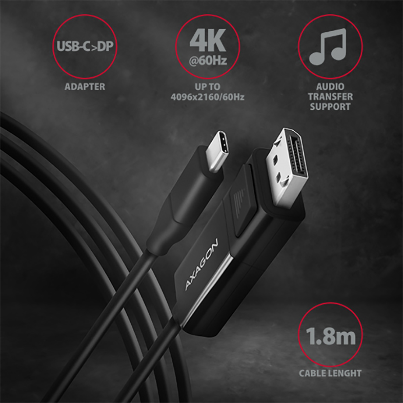 Fekete USB-C-DP adapterkábel 4K@60Hz, 1,8 m hosszúsággal és audio támogatással. Fehér háttér ikonokkal.