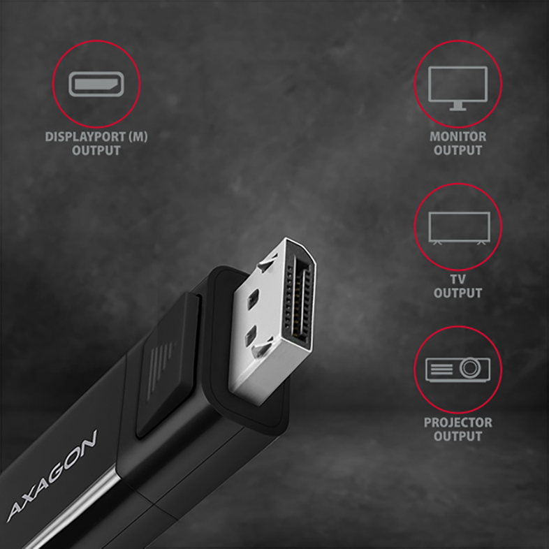 Fekete kijelzőadapter monitor, TV és projektor kimenetekkel. A DisplayPort csatlakozó látható.
