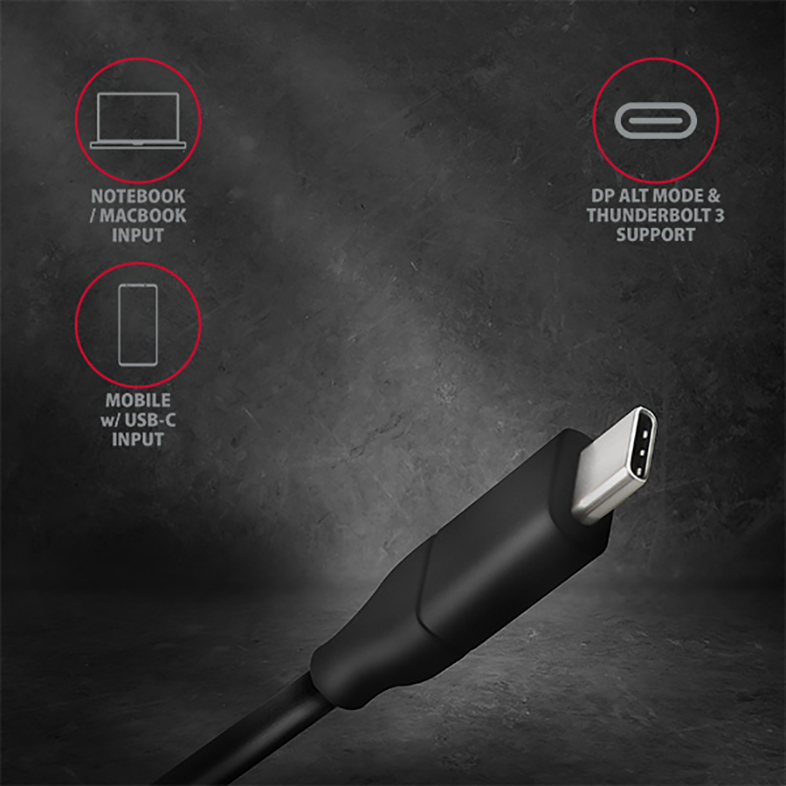 Fekete kábel USB-C csatlakozóval és információs ikonokkal: notebook/MacBook, mobil, DP Alt Mode.
