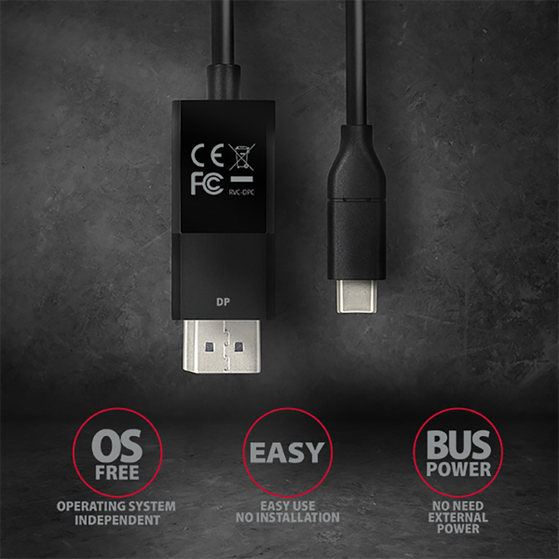 Egy fekete adapter két csatlakozóval, USB-C és display port, fekete háttéren.