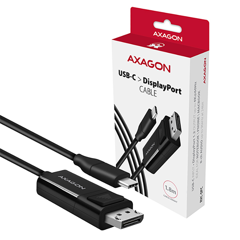 Egy USB-C - DisplayPort kábel a dobozban, AXAGON márkával.