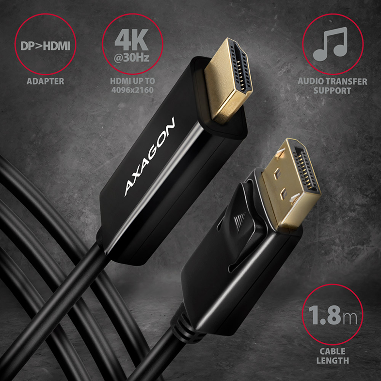 Fekete DP–HDMI adapterkábel termékinfó grafikákkal. Fehér háttér.