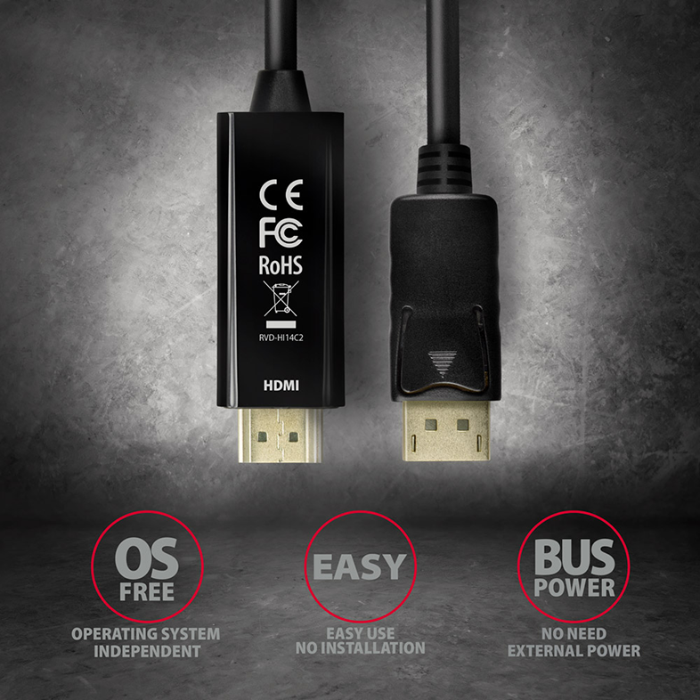 Két fekete HDMI kábel dugókkal, OS free, egyszerű használat és busz tápellátás címkékkel.