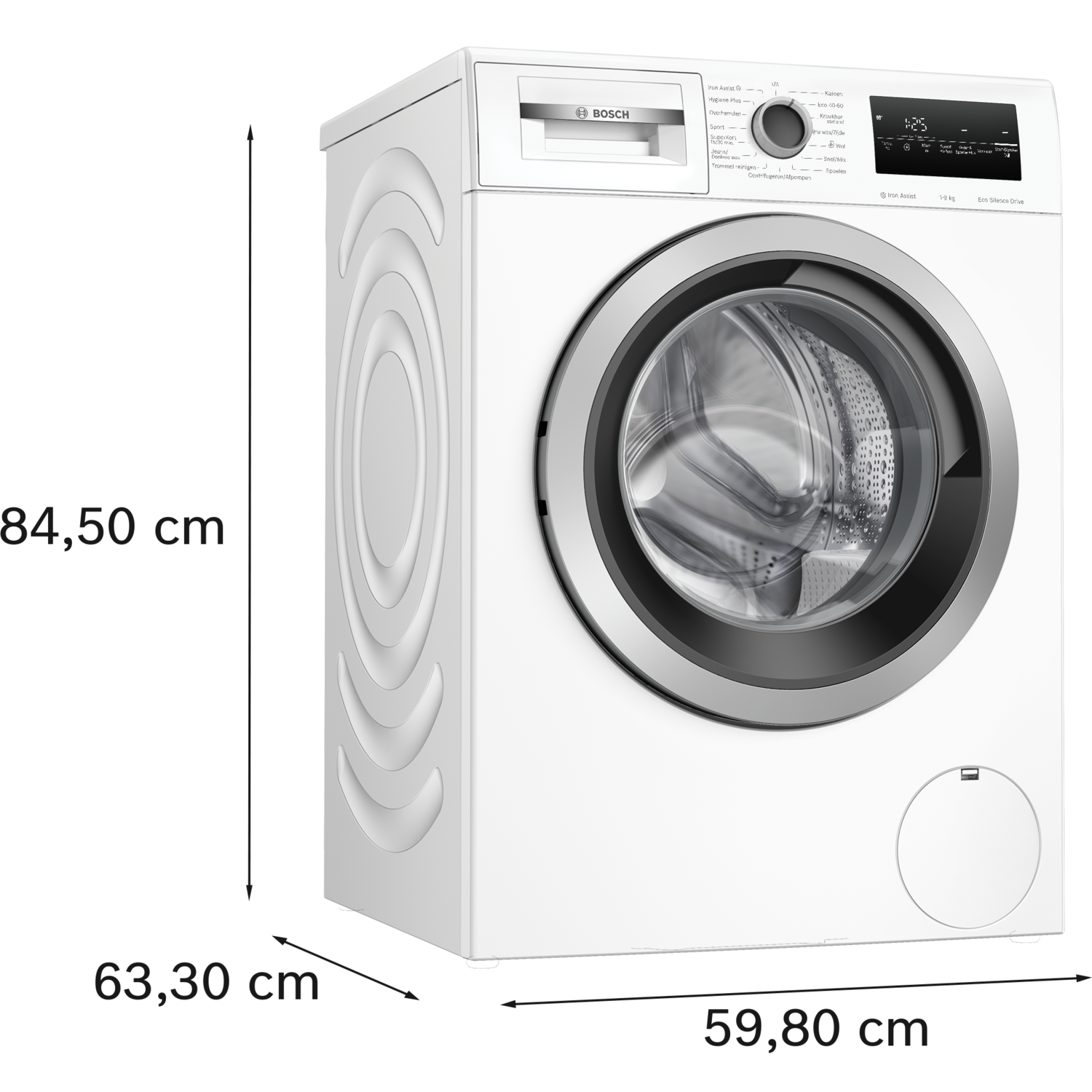 Een witte wasmachine met een zilveren rand en bedieningspaneel aan de voorkant, zwarte achtergrond.