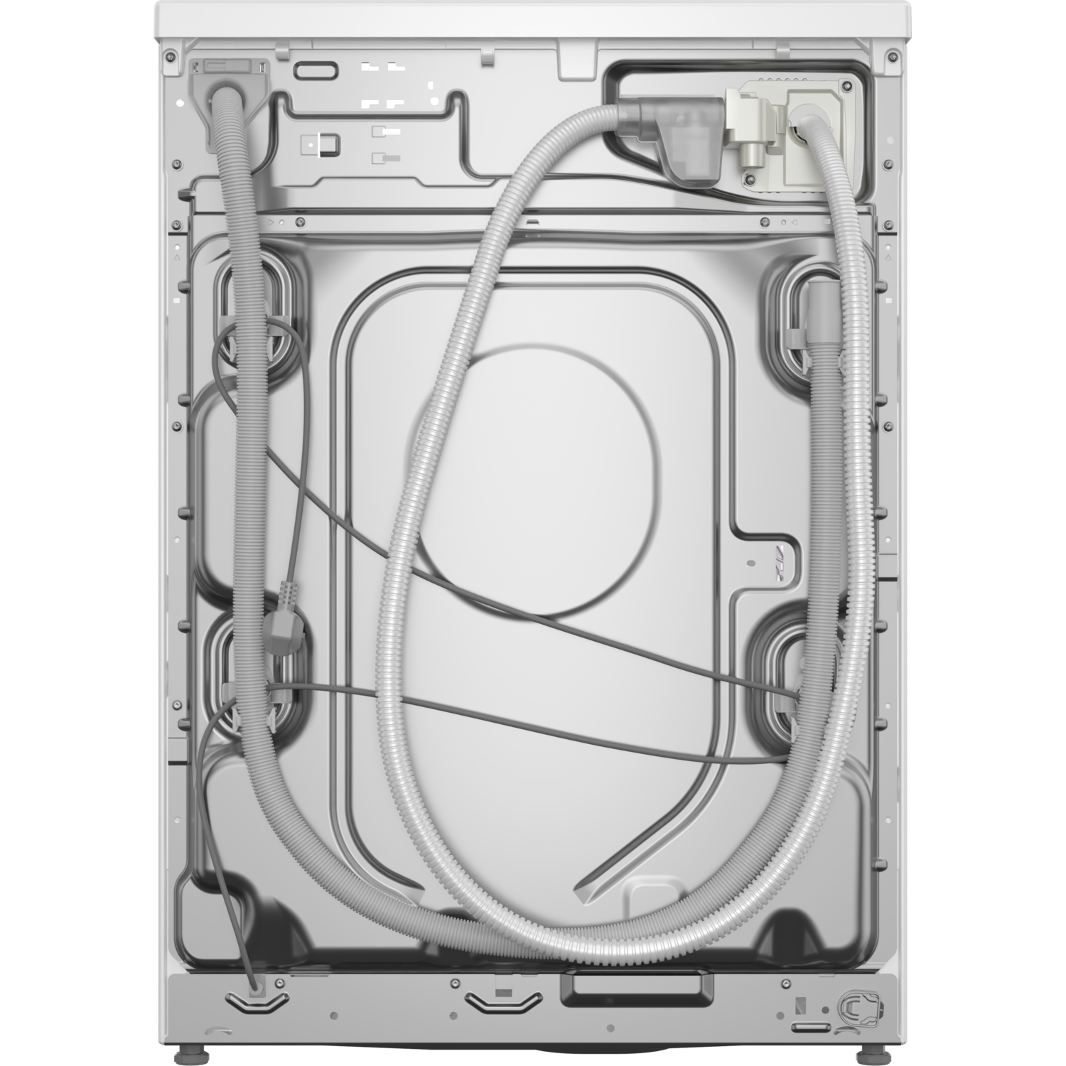Back of a washing machine. Grey hoses and components are visible, with a circular opening in the center.