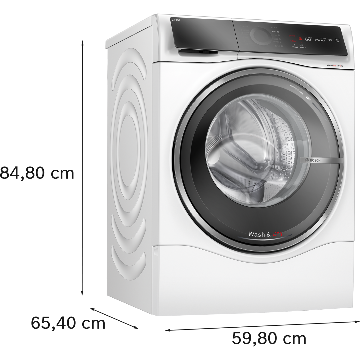 White Bosch Wash & Dry washing machine. Black door with a control panel on the top.