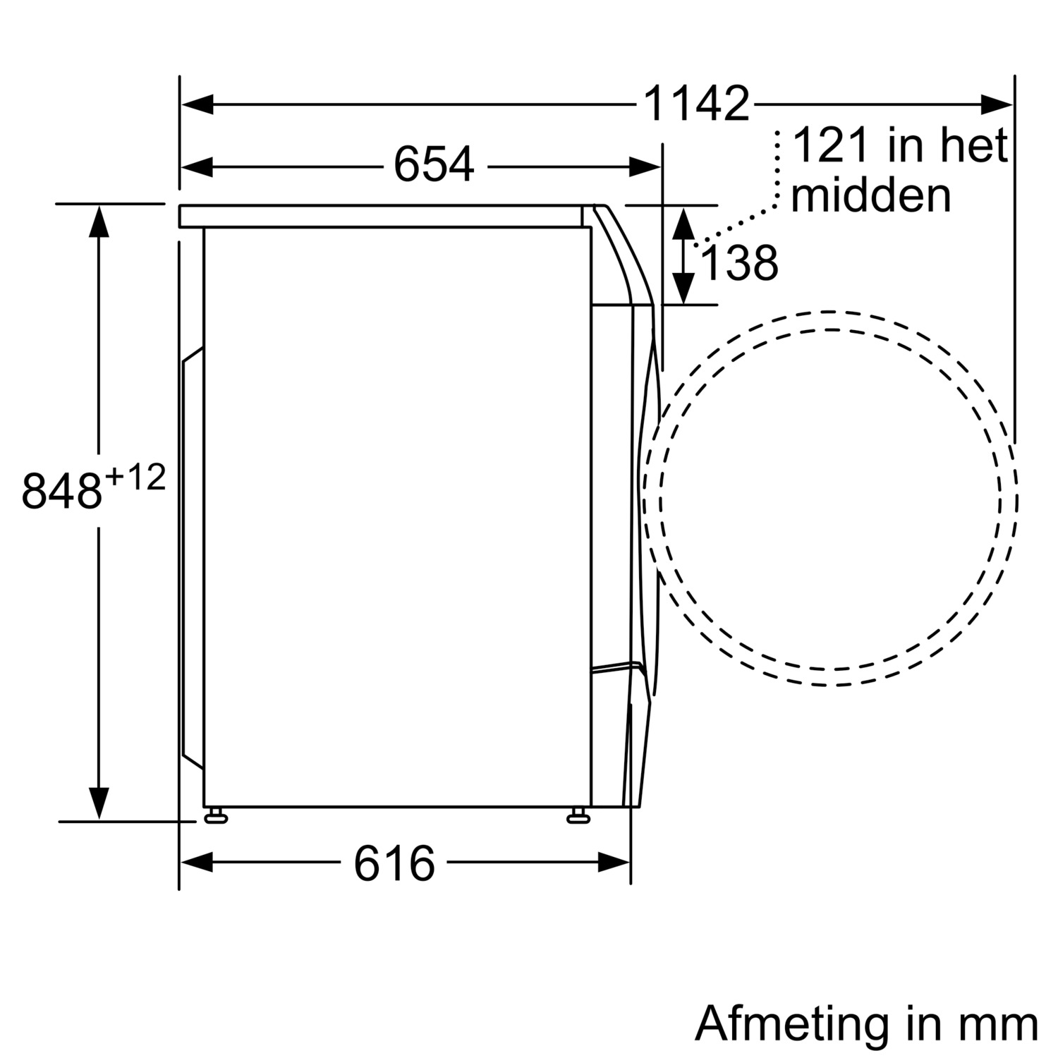 Diagram of a white appliance with dimensions in mm.