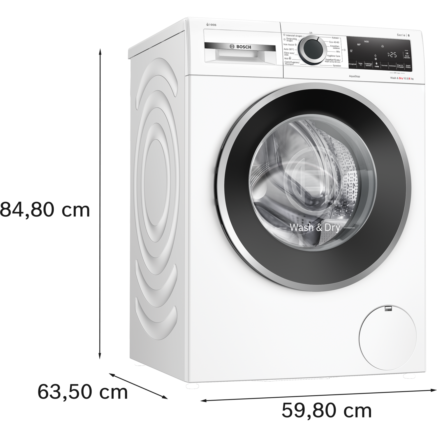 White Bosch washing machine, with a black door and control panel.