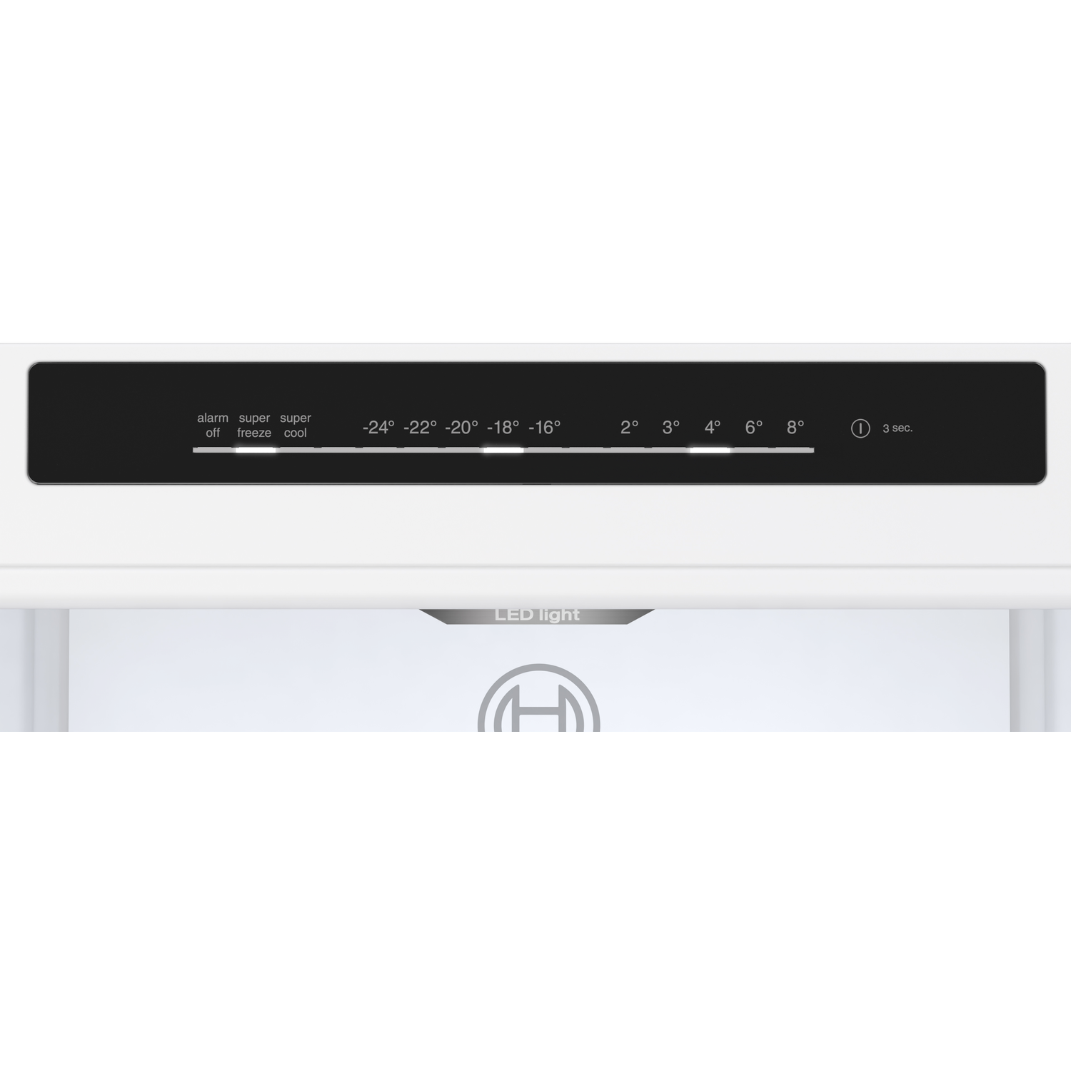 Refrigerator control panel with temperature settings and options for alarm, freeze, and super freeze.