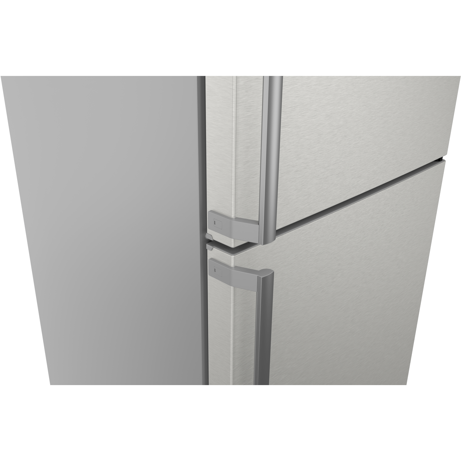 Close-up of a stainless steel refrigerator with two doors and handles.