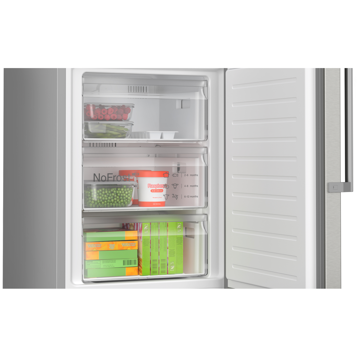 Freezer compartment with drawers filled with food, with 'NoFrost' label visible.