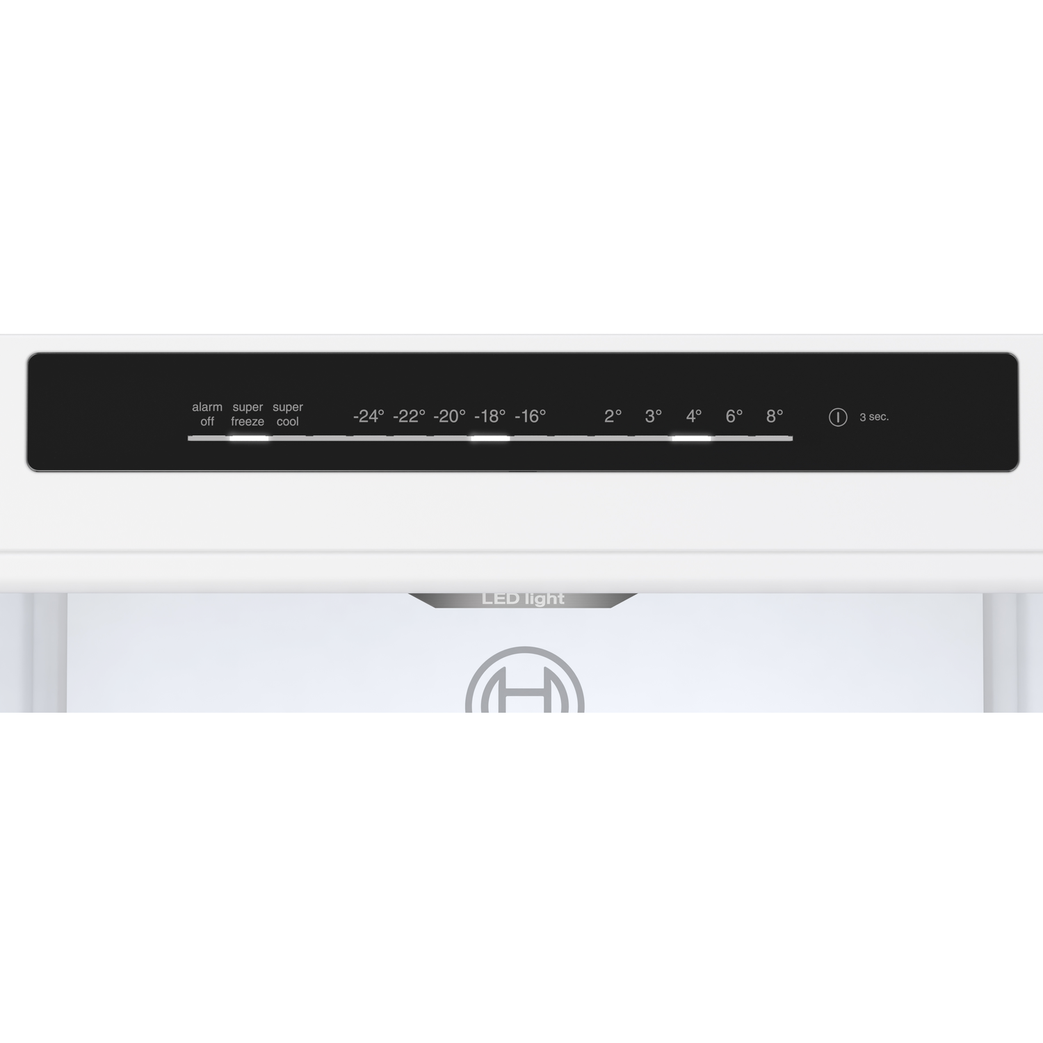 Black control panel with settings for temperature, including alarm and super freeze.
