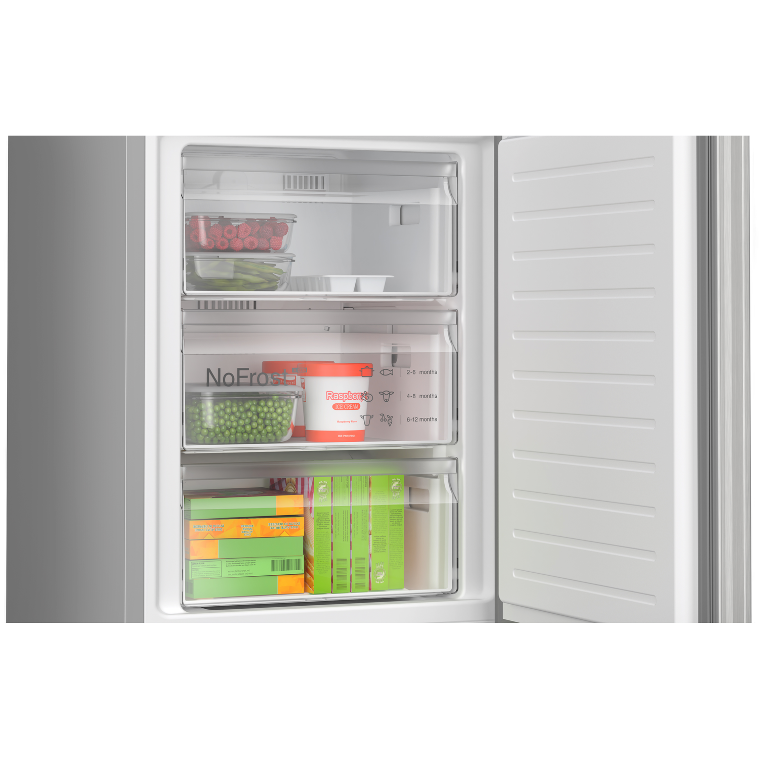 Refrigerator interior with freezer. Drawers with frozen goods, labeled. Open door.