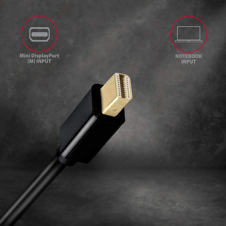 Fekete kábel Mini DisplayPort csatlakozóval és notebook bemenettel.