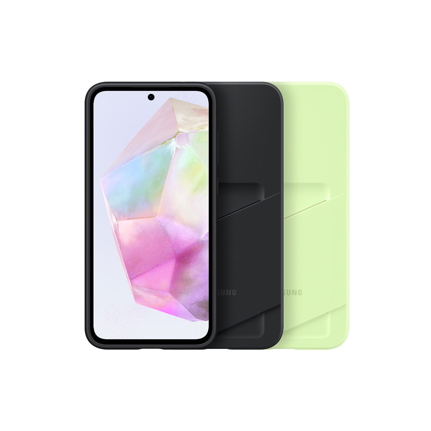 Smartphone con funda, colores negro y verde.