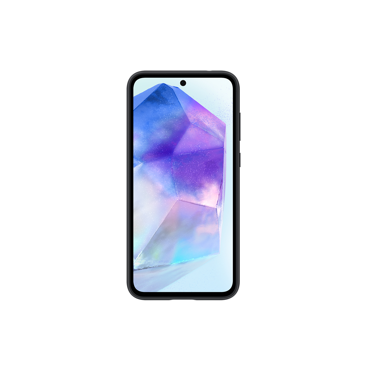 Smartphone negro con una gran pantalla, vista en ángulo, sobre fondo blanco.