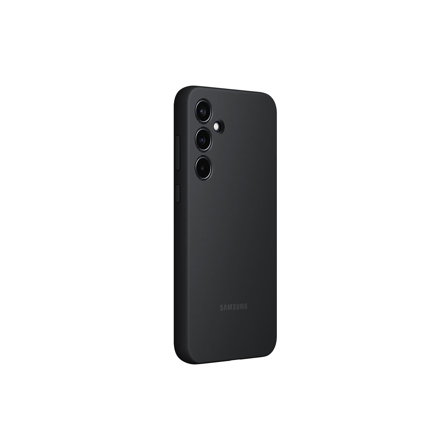 Funda negra para teléfono con tres cámaras y logo de Samsung.