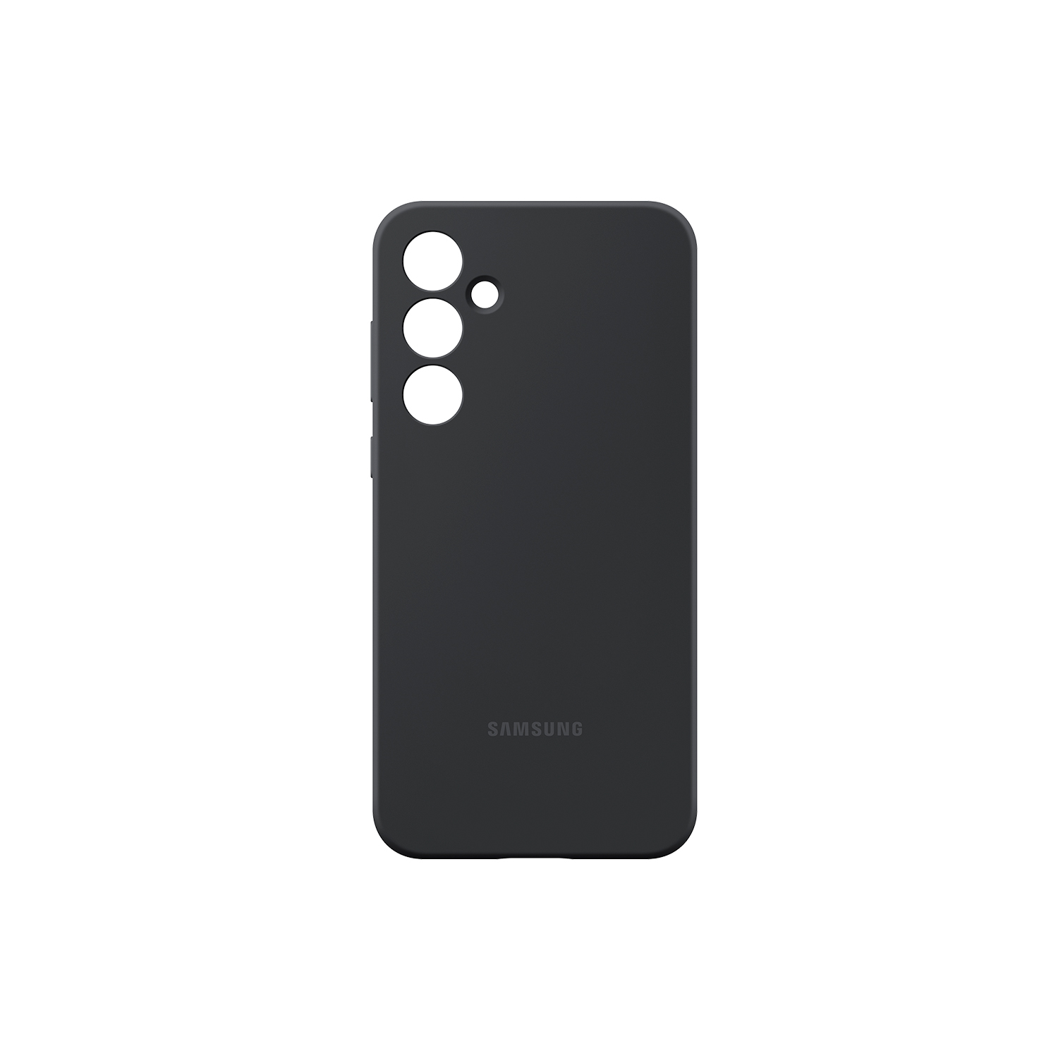 Una funda negra para teléfono Samsung con tres orificios para cámara y el logotipo de Samsung sobre fondo blanco.