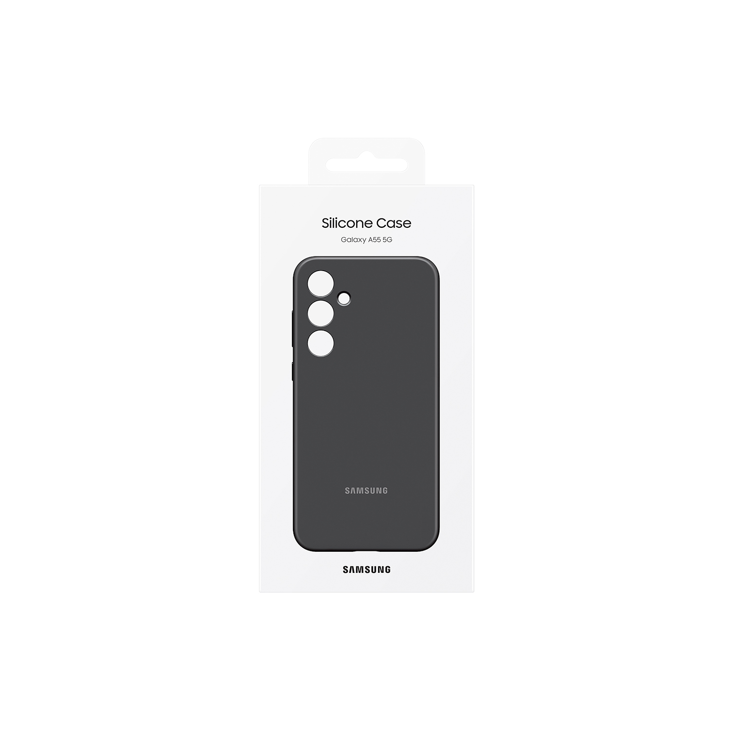 Embalaje para una funda negra para teléfono Samsung Galaxy A55 5G, con imagen de la funda.