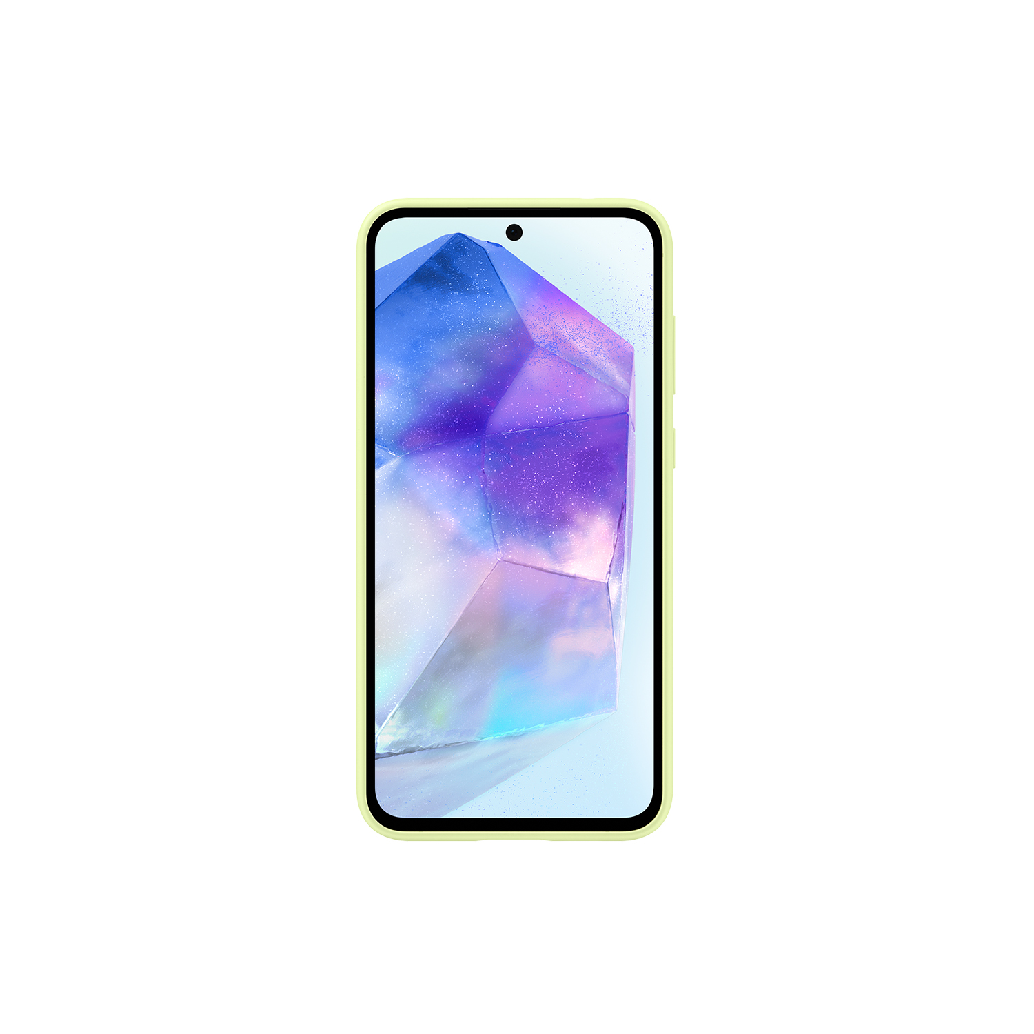 Una funda de teléfono verde claro con un teléfono dentro que muestra un diseño abstracto.