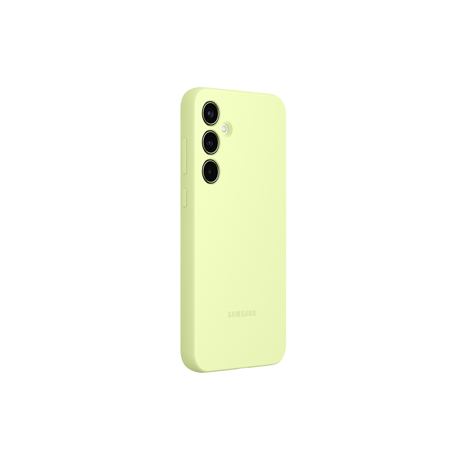 Funda de teléfono verde claro con tres lentes de cámara y logotipo de Samsung.