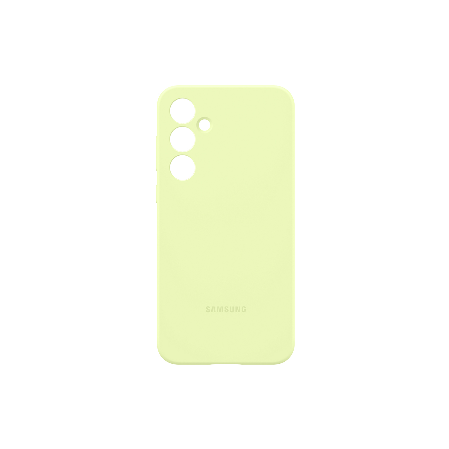 Una funda de teléfono amarillo pálido con recortes para cámara y botones sobre una superficie blanca.