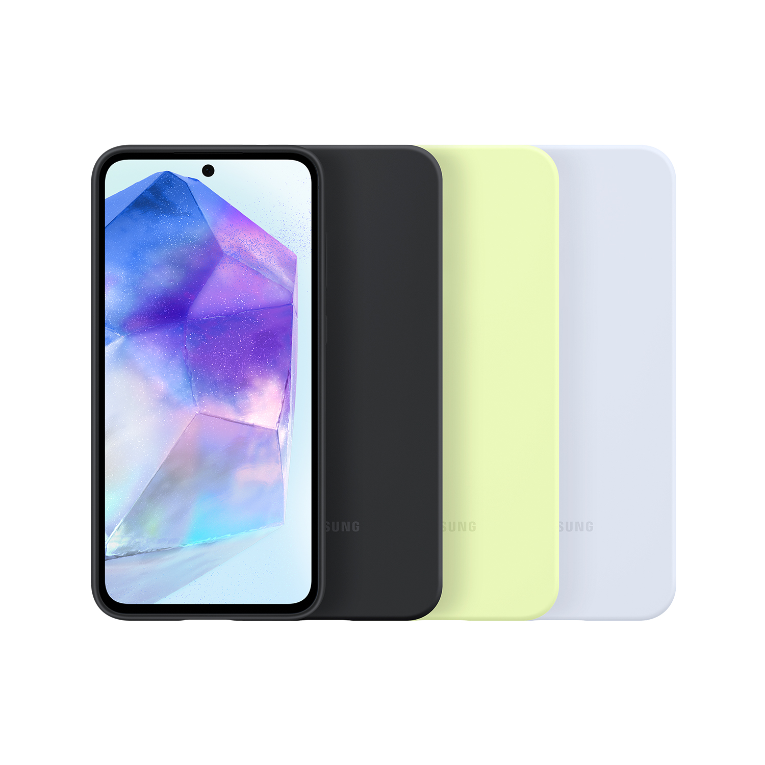 Tres fundas de teléfono de colores: negro, verde claro y blanco, teléfono a la izq.