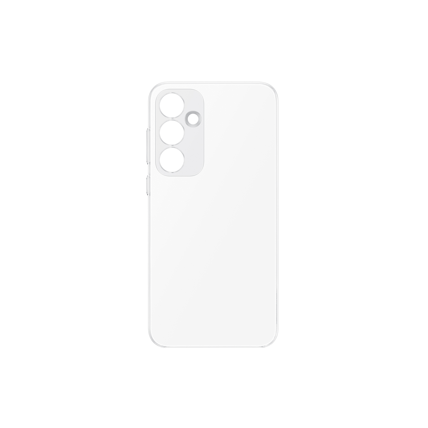 Una funda blanca para teléfono con tres recortes para la cámara, vista trasera, aislada sobre blanco.