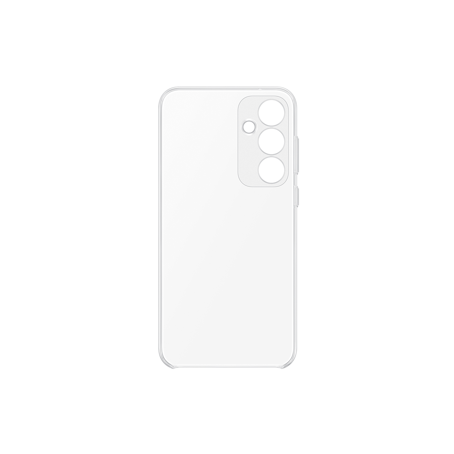 Funda transparente para teléfono con recortes para la cámara. La funda está vacía y es transparente. Fondo blanco.