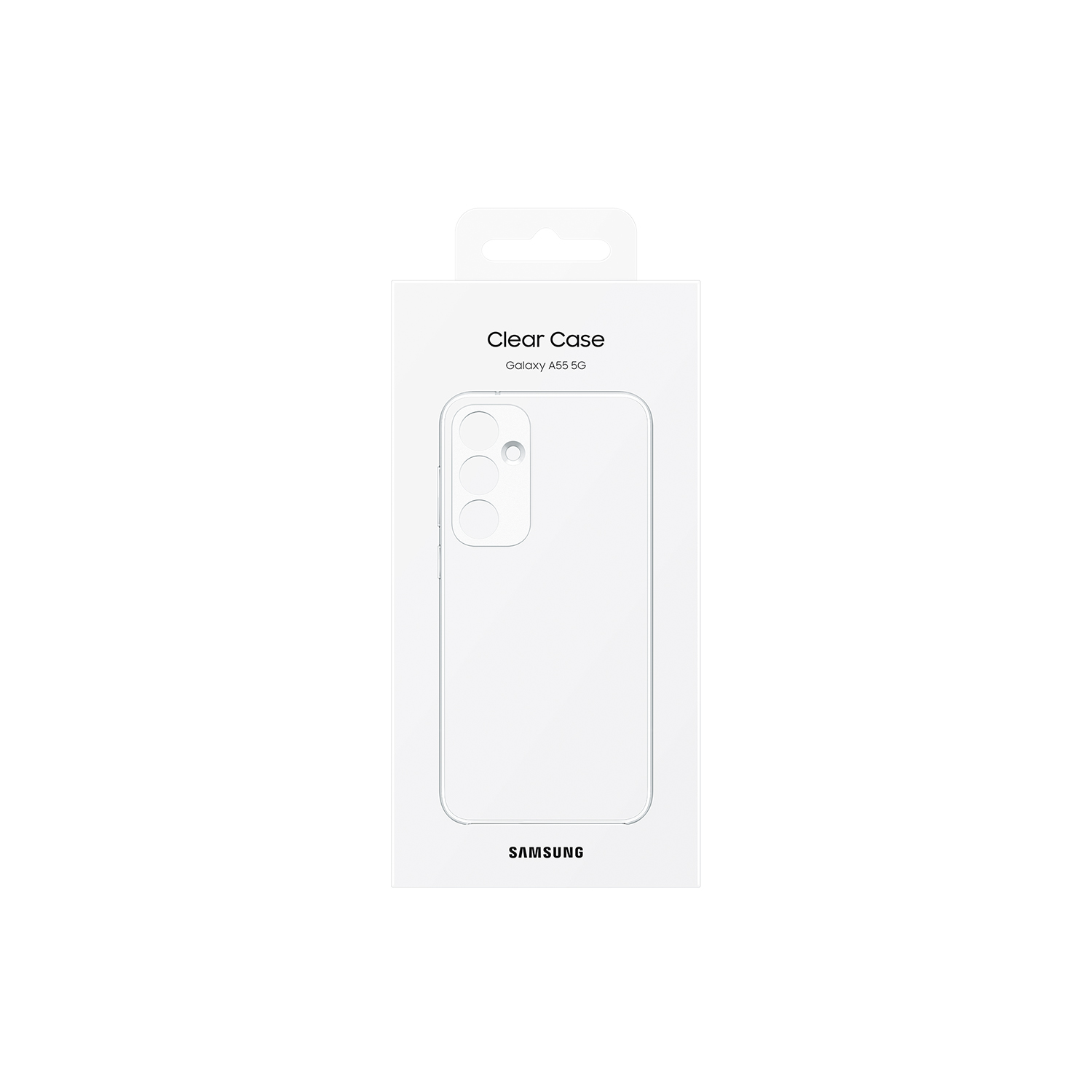 Una funda transparente blanca para un teléfono Samsung, con la marca abajo.