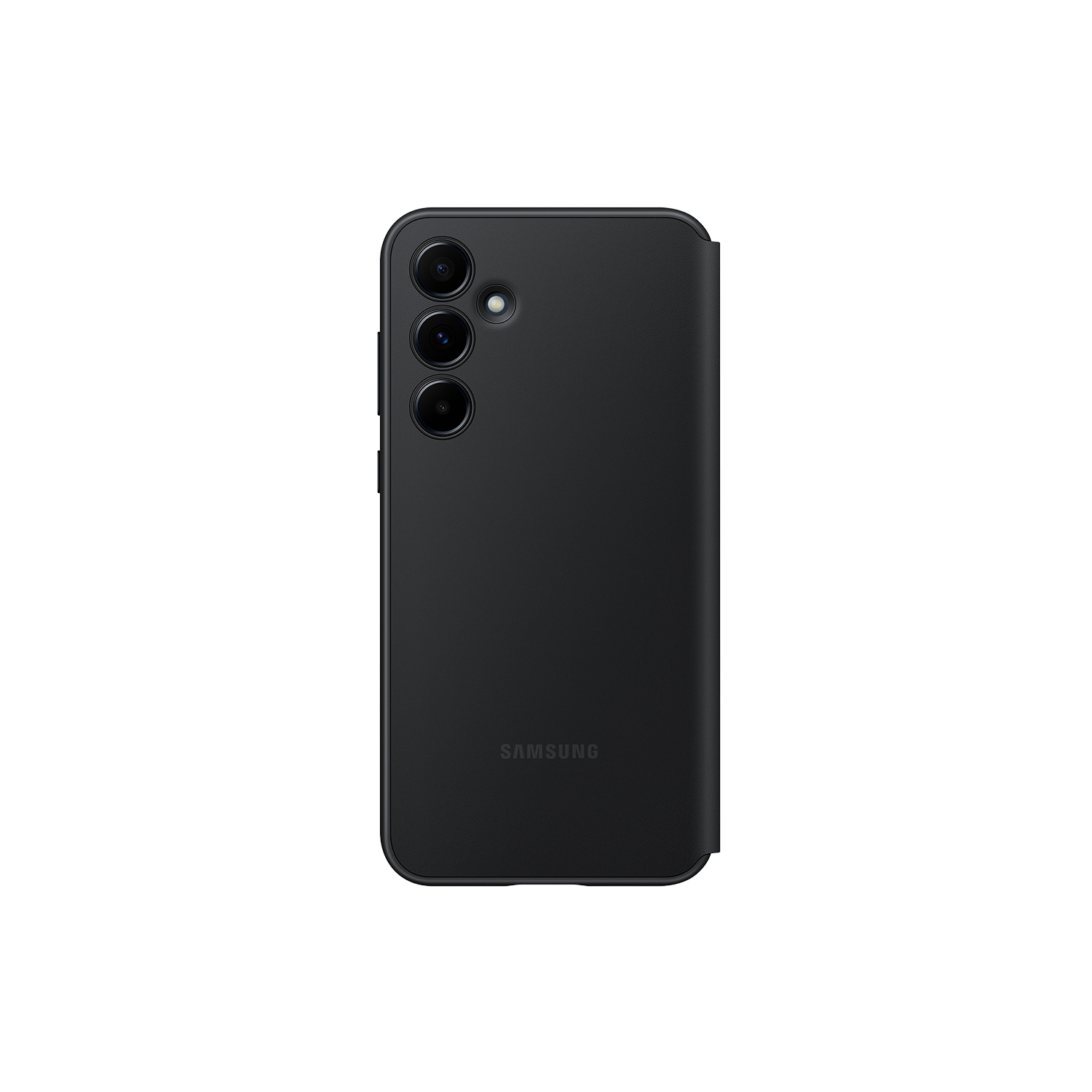 Teléfono negro con tres lentes de cámara en la parte trasera, en una funda negra.