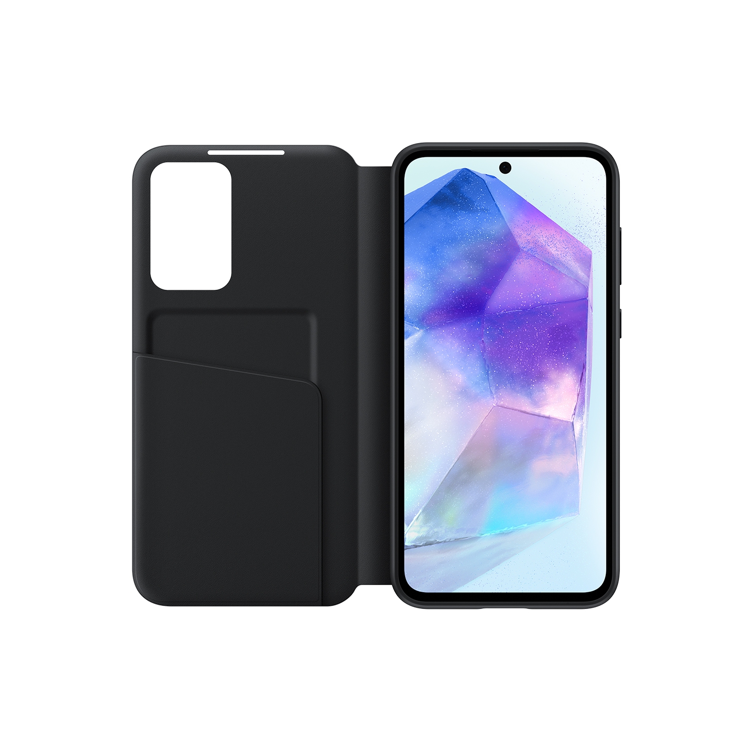 Funda de teléfono negra, abierta. El teléfono muestra un diseño de cristal en la pantalla.