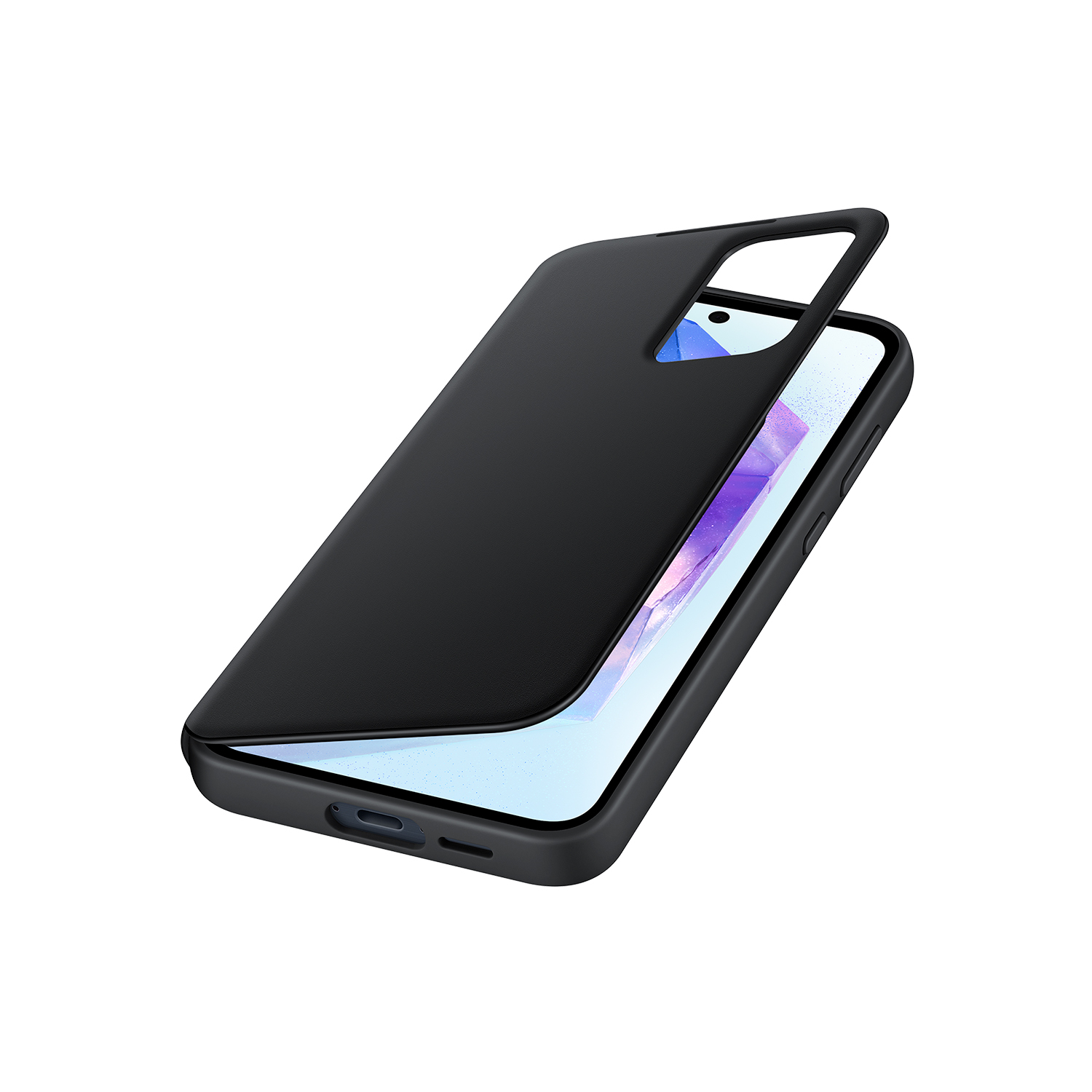 Funda de teléfono negra sobre fondo blanco, cubriendo parcialmente la pantalla del teléfono.