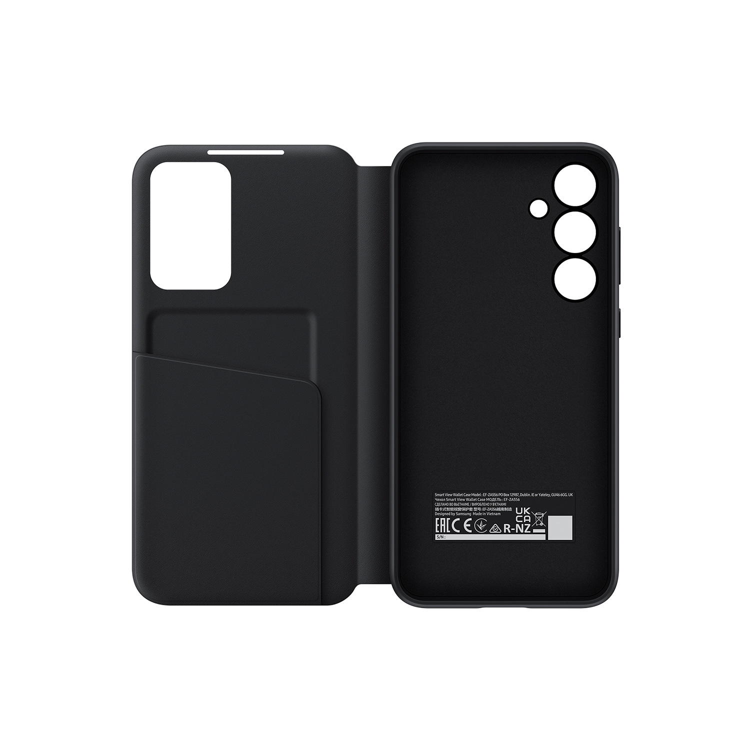 Funda de teléfono negra, abierta, que revela una ranura para tarjetas y el interior. El teléfono no es visible.
