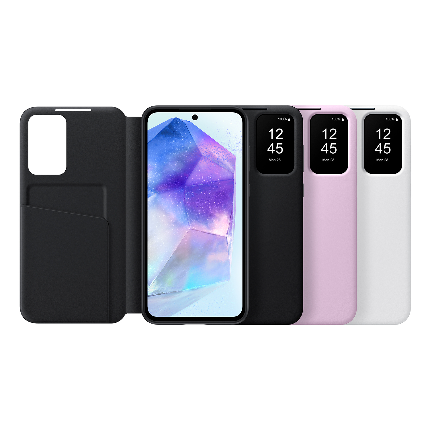 Cuatro fundas para teléfono, negro, rosa, blanco y una con un teléfono. Todas tienen el mismo diseño.