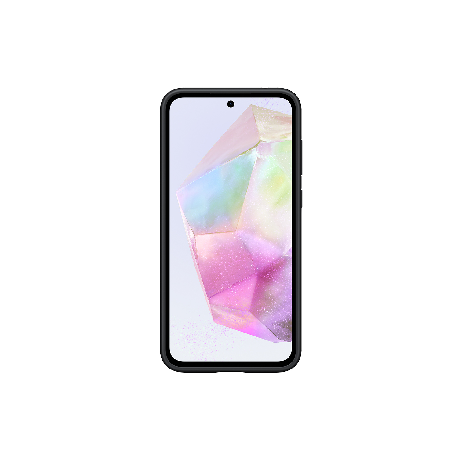 Un smartphone negro con una funda transparente, que muestra un patrón colorido.