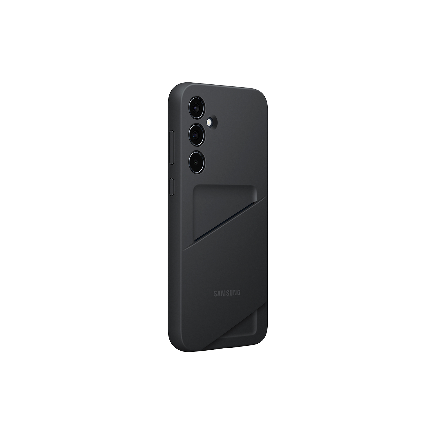 Funda de teléfono negra con tres cámaras y diseño diagonal para colocar tarjetas sobre fondo blanco.