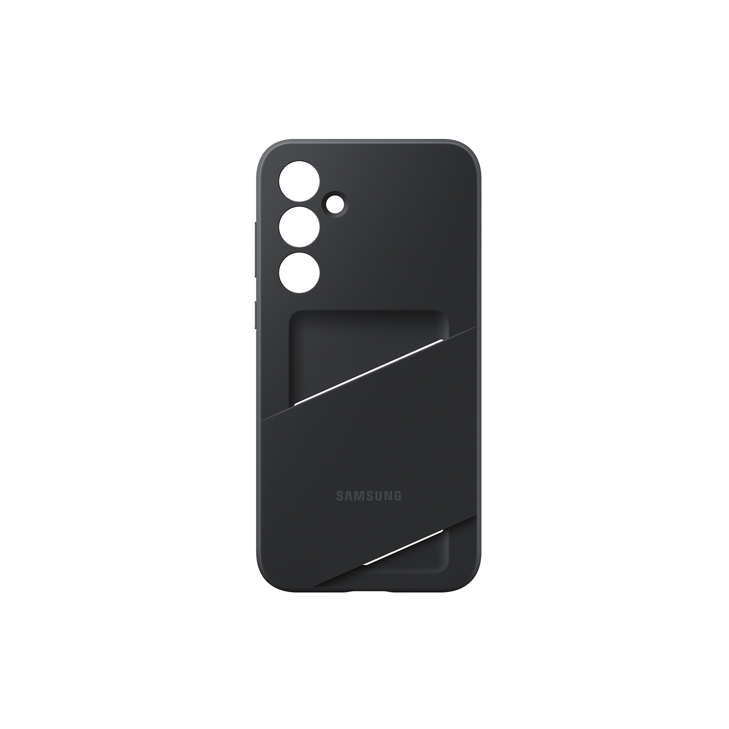 Funda negra con aberturas para cámara y botones, logotipo de Samsung.