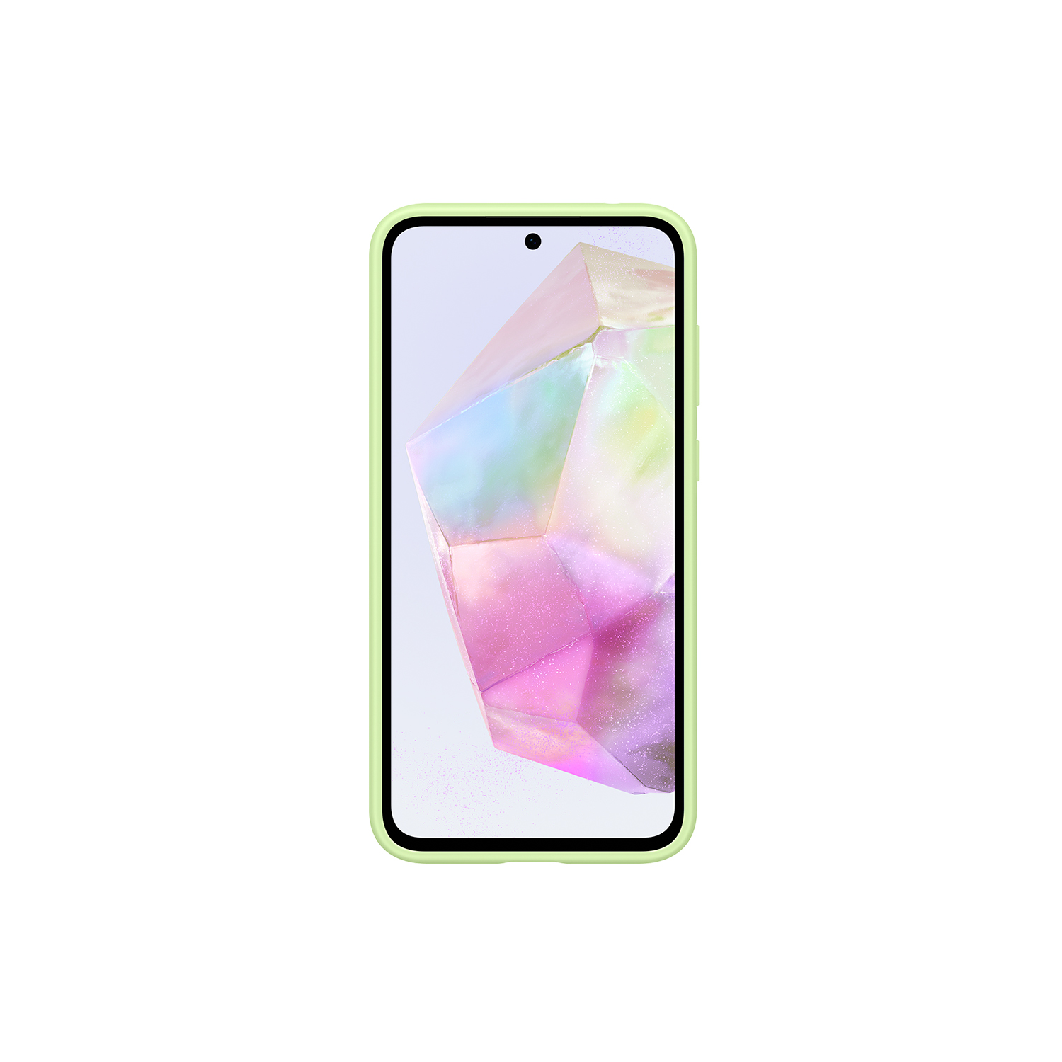 Smartphone en una funda verde claro, con una imagen colorida en pantalla.