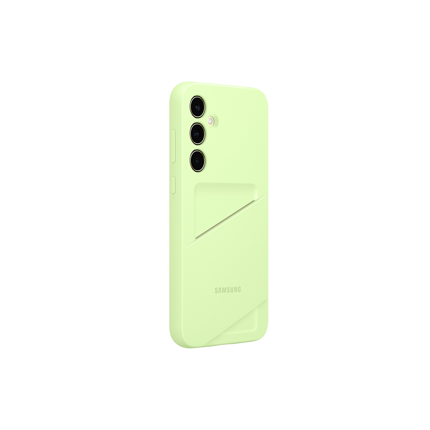 Funda de teléfono verde claro. Tres agujeros para cámara y un tarjetero. SAMSUNG impreso en la base.