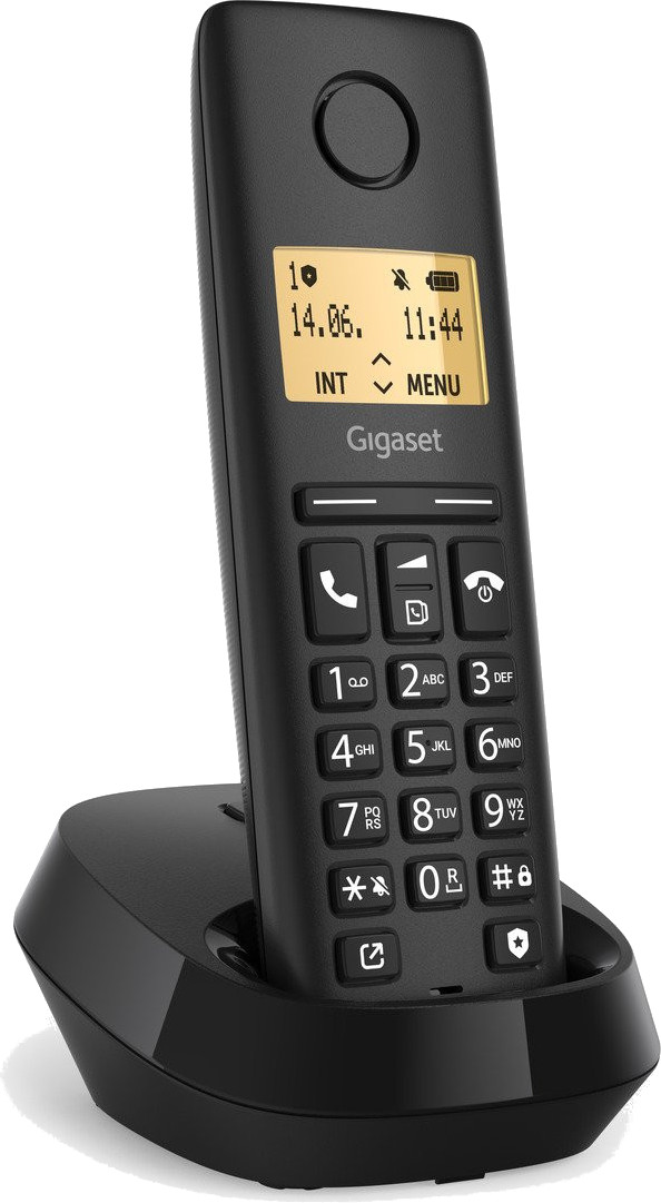 Czarny telefon bezprzewodowy na podstawie. Wyświetlacz pokazuje datę, godzinę i opcje menu.