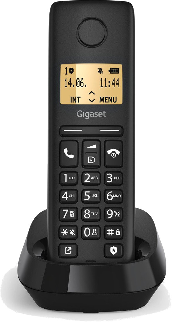 Czarny telefon bezprzewodowy z ekranem, w stacji ładującej. Przyciski widoczne na telefonie.