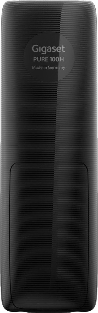Czarny odbiornik telefonu bezprzewodowego Gigaset Pure 100H. Wyprodukowano w Niemczech jest napisane na nim.