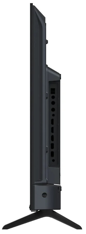 Widok z boku czarnego telewizora z cienką ramką i podstawką.