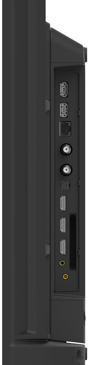 Bok telewizora z kilkoma portami, w tym USB, HDMI i Ethernet.