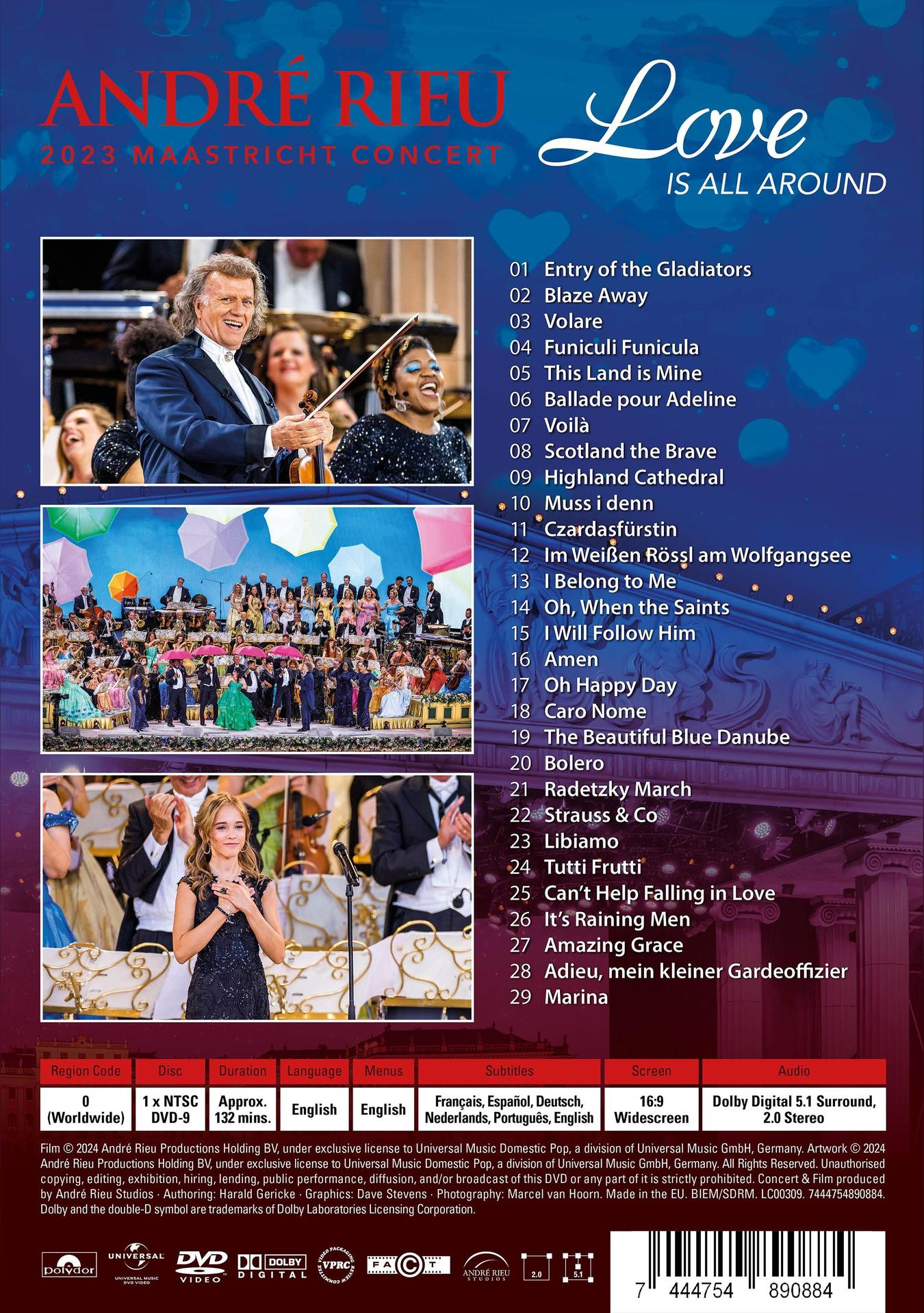 DVD-Cover für André Rieus Maastricht-Konzert 2023, mit verschiedenen Darstellern und Text.