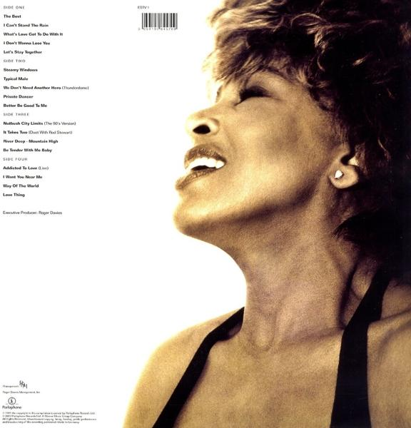 Tina Turner album borító: profilnézet, éneklés, oldalsó szöveg a címekkel. Barna tónusok.