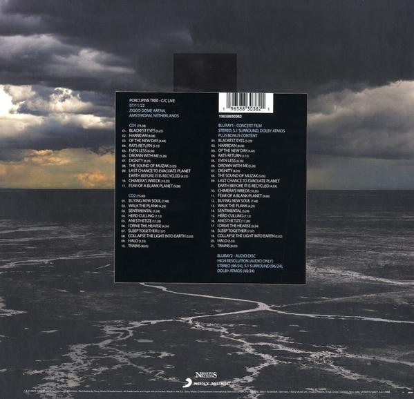 Rückseite eines Porcupine Tree Albumcovers mit Titelliste und Bandinformationen.