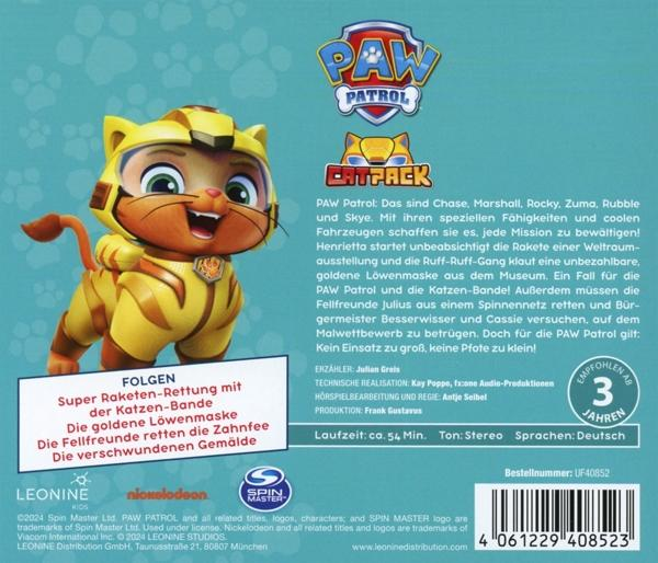 Rückseite einer Paw Patrol Catpack DVD-Hülle. Enthält eine Katzenfigur und Text auf Deutsch.